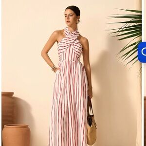 Commense Red and White Striped Halter Maxi Dress